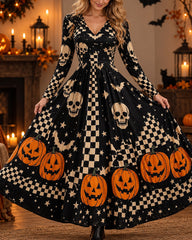 Halloween Cosplay Retro Print Long Sleeve Dress