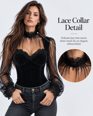 Velvet Sheer Lace Mesh Puff Sleeves Top