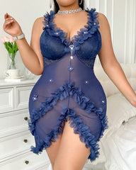 Plus Size 3D Floral Applique Sheer Mesh Halter Babydoll Lingerie Dress