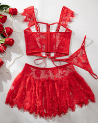 Leather Lace Patchwork Adjustable Strappy Lingerie Set