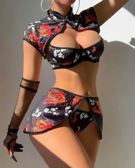 Sexy Vintage Chinese Print Sheer Cut-Out Lingerie Set