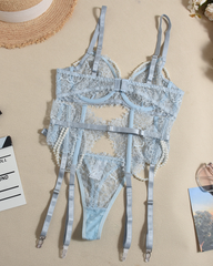 Luxury Pearl Lace Lingerie Set with Boned Waist Corset