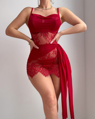 Sexy Sheer Mesh Lace Trim Strappy Lingerie Nightdress