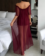 Sexy Sheer Mesh Ruffle Off-the-Shoulder Long Nightgown