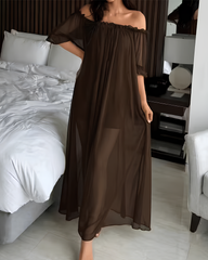 Sexy Sheer Mesh Ruffle Off-the-Shoulder Long Nightgown