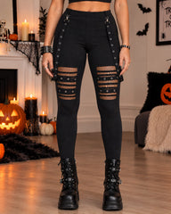 Halloween High Waist Hollow-Out Square Buckle Skinny Pants