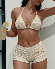 Halter Neck Starfish Sequin Embroidered Two-Piece Bikini Set
