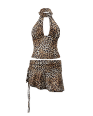 Leopard Print Mock Neck Sleeveless Top and Asymmetrical Skirt Set