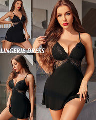 Camisón Babydoll Teddy de Lencería con Abertura y Ribete de Encaje