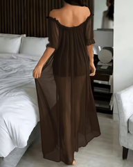 Sexy Sheer Mesh Ruffle Off-the-Shoulder Long Nightgown