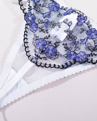 Sexy Floral Embroidered Mesh Boned Bustier Lingerie Set