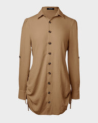Long Sleeve Button Down Drawstring Shirt Dress