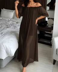 Sexy Sheer Mesh Ruffle Off-the-Shoulder Long Nightgown