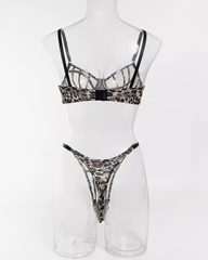 Sexy Leopard Print Cutout Sheer Mesh Lingerie Set