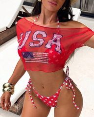 Sexy USA Flag Print Sheer Mesh Bikini Set with Cover-Up