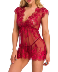 Sexy Sheer Lace Deep V-Neck Cut-Out Babydoll Nightgown