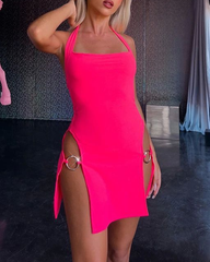Sexy Halter High-Slit Bodycon Dress with Metal Ring Detail