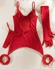Sexy Rhinestone Embellished Sparkling Mesh Leg Strap Lingerie Set with Gloves