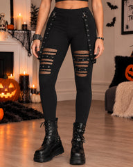 Halloween High Waist Hollow-Out Square Buckle Skinny Pants