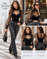 Velvet Sheer Lace Mesh Puff Sleeves Top