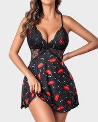 Camisón Babydoll Teddy de Lencería con Abertura y Ribete de Encaje