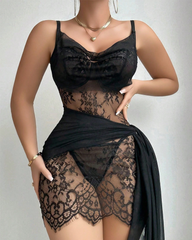 Sexy Sheer Mesh Lace Trim Strappy Lingerie Nightdress