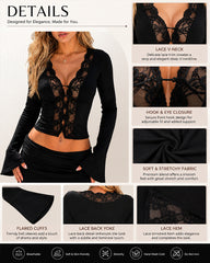 Sexy Deep V Lace Button Ruffle Long Sleeve Top
