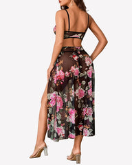 Sheer Mesh Bustier Top & High Slit Maxi Skirt Lingerie Set