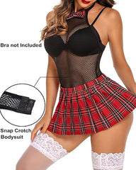 Sheer Mesh Halter Top & Plaid Pleated Mini Skirt Costume Set