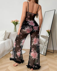 Sexy Floral Mesh See-through Ruffled Camisole and Trousers Pajama Set