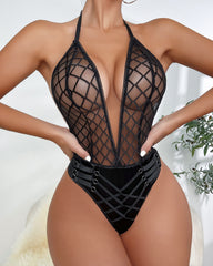 Crisscross Strap Mesh Halter Teddy Bodysuit