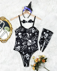Halloween Skull Ghost Print Bodysuit with Bow Tie