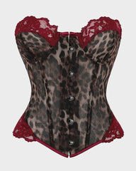 Leopard Print Strapless Lace Trim Corset Bustier Top