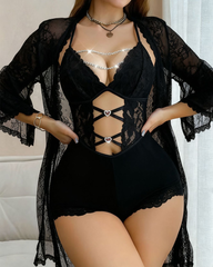 Front Closure Lace Strapless Bodysuit with Lace Robe
