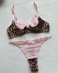 Leopard Print Pink Floral Lace Bra & Panty Set