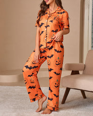 Halloween Pumpkin & Bat Print Short Sleeve Pajama Set