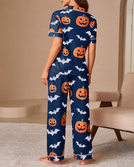 Halloween Pumpkin & Bat Print Short Sleeve Pajama Set