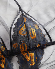 Halloween Sexy Halter-Neck Backless Pumpkin Skull Print Bodysuit Lingerie