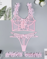 3D Floral Embroidered Lingerie Set with Thigh Garters