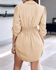 Long Sleeve Button Down Drawstring Shirt Dress
