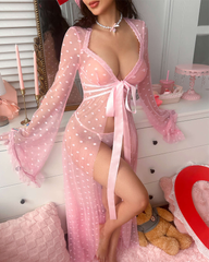 Plus Size Sexy Pink Polka Dot Mesh Robe Set