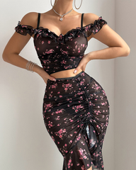 Sexy Floral Print Bodycon Sheer Maxi Skirt Set