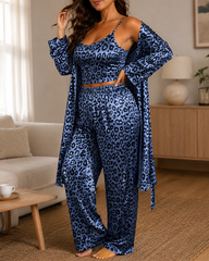 Sexy Leopard Print Satin Robe Pajama Set