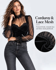 Velvet Sheer Lace Mesh Puff Sleeves Top