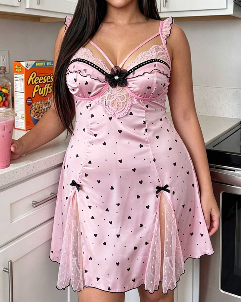 Plus Size Sexy Pink Heart Print Lace Sheer Panel Lingerie Chemise