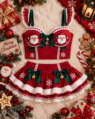 Christmas Santa Embroidered Lace Ruffle Crop Top & Mini Skirt Lingerie Set