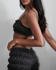 Satin Ruffle Pajama Set Ruched Cami Crop Top & Shorts Two-Piece Sleepwear