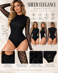 Sexy See-Through Mesh Round Neck Long Sleeve Bodysuit