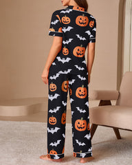 Halloween Pumpkin & Bat Print Short Sleeve Pajama Set