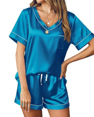Women's Summer V-neck Short Sleeve Top and Shorts Soft Ice Silk Pajamas Home Set